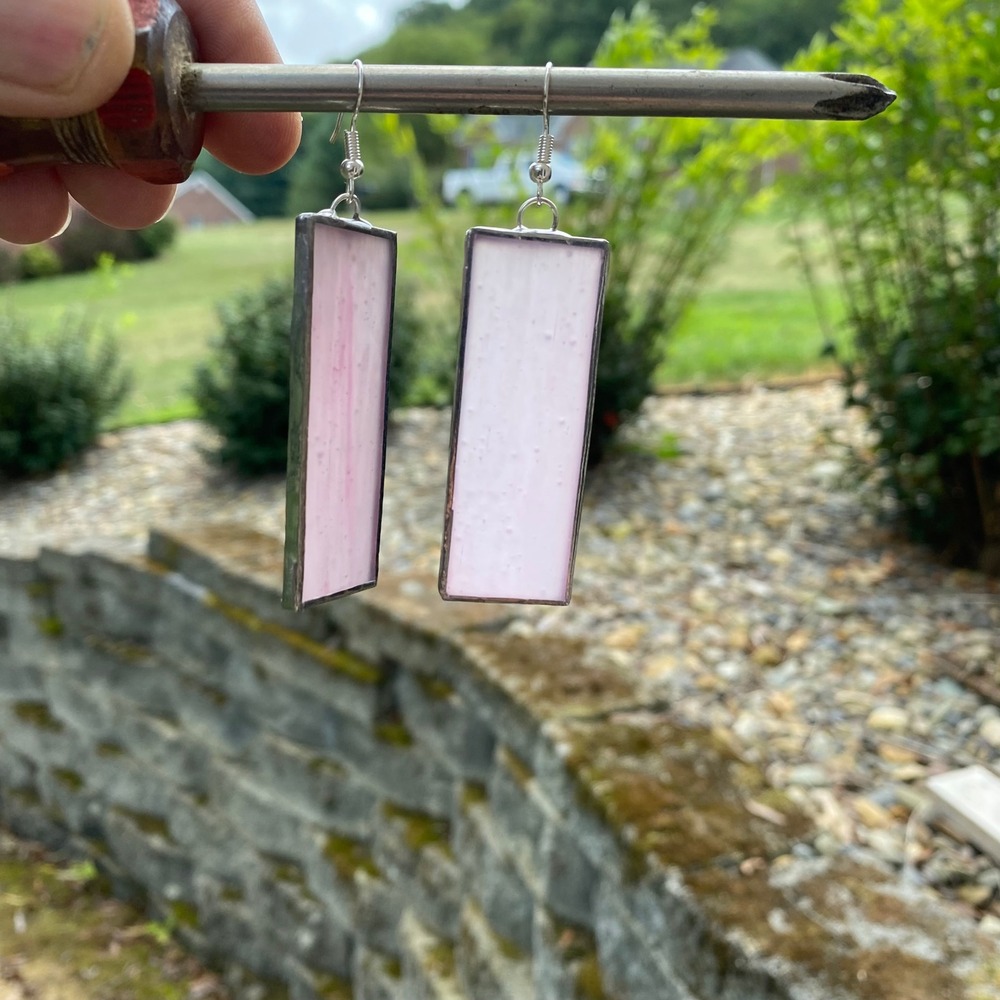 Artisan Handcrafted‎ Pink Stained Glass Earrings Dangle Drop Rectangle